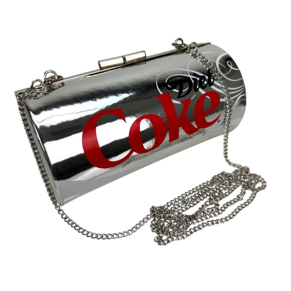 Coca-Cola Clutch Handbag Silver Vinyl Diet Coke Logo Chain Strap 7 x 4 x 4 In